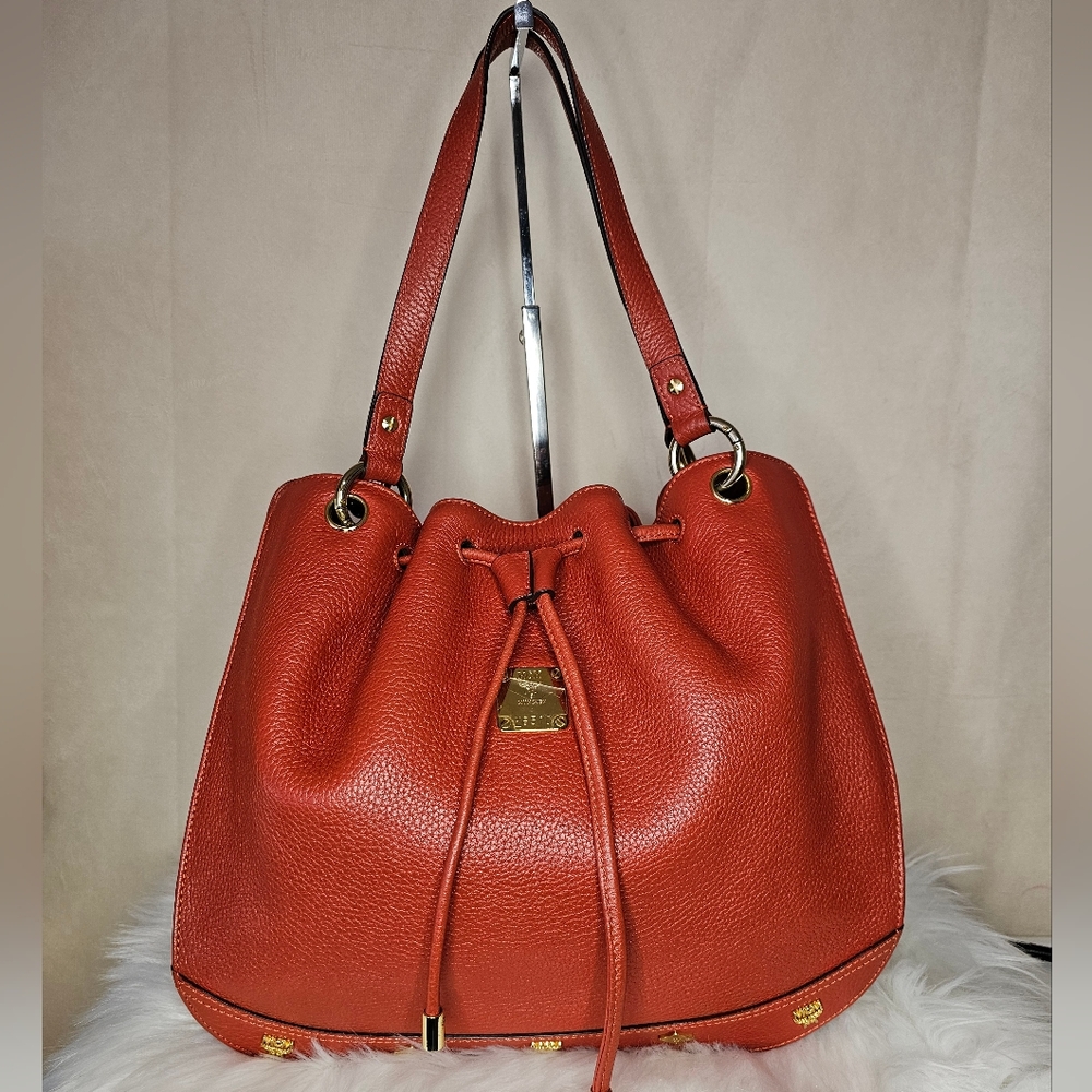 MCM Red Leather Bucket Bag